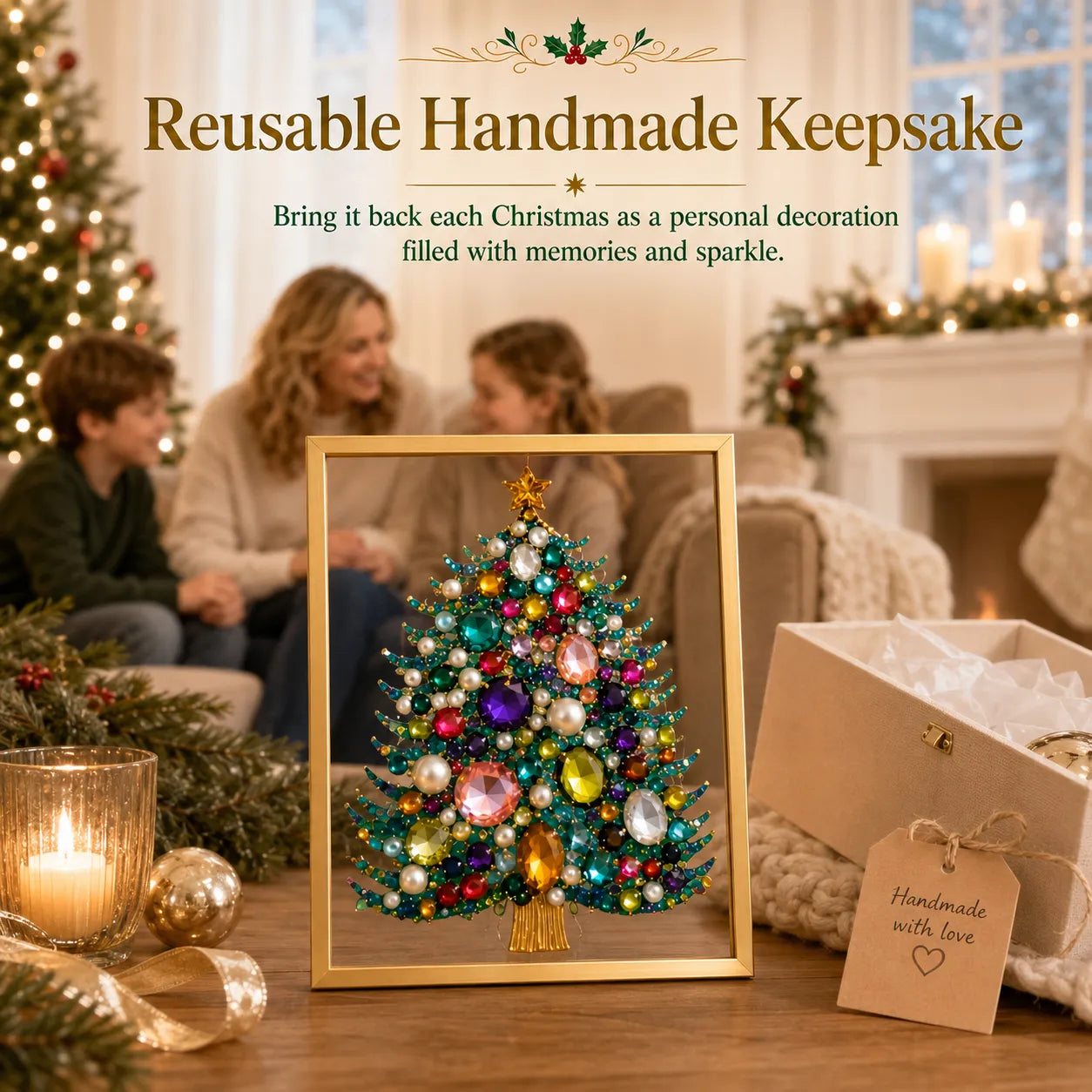 🔥 LAST DAY 49% OFF – 🎄 DIY Jeweled Christmas Tree Art Kit | Colorful Gems, Pearls, Paints & Gold-Tone Floating Display Frame 💎✨
