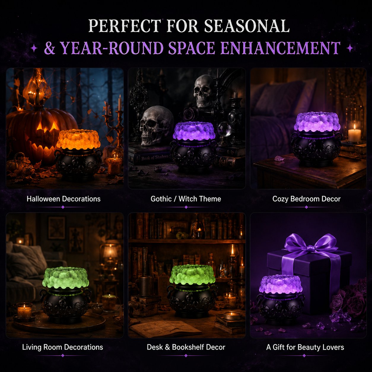 🔥Last Day 49% OFF - 👻✨Light-up Color-changing Cauldron Waterglobe 3-Wick Candle Holder