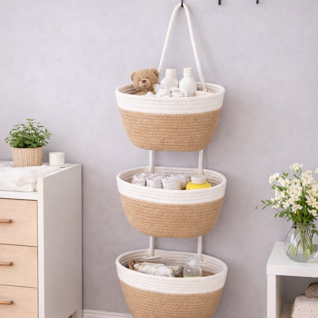 🧺Woven cotton 3-Tier Over the Door Basket, Wall-Mounted Jute Storage Organizer🔥