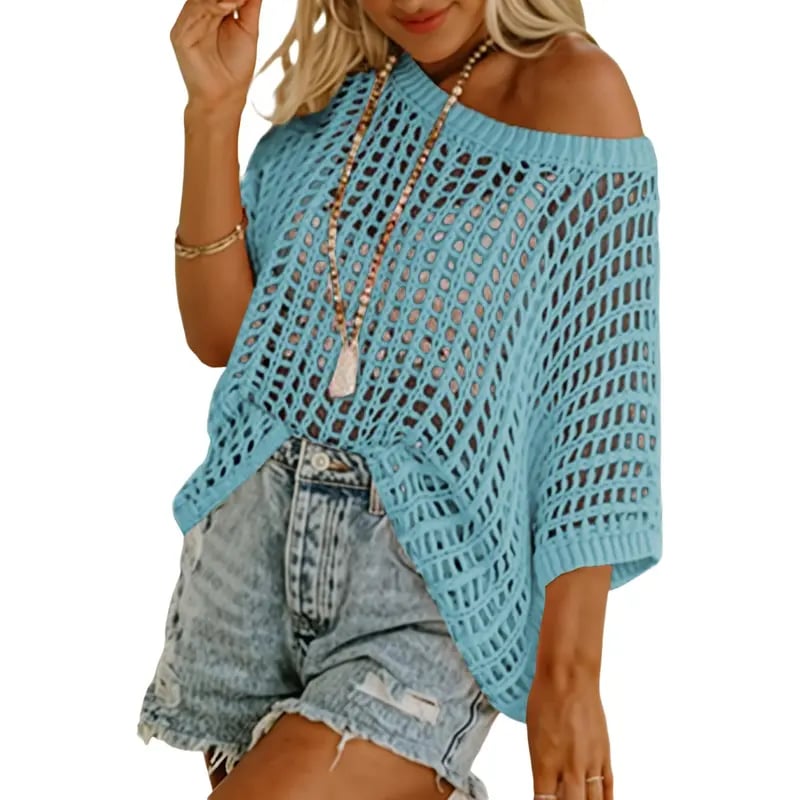 🔥 BIG SALE 🔥Short Sleeve Crochet Sweater Lightweight Summer Tops Loose Hollow Out Crewneck Pullover