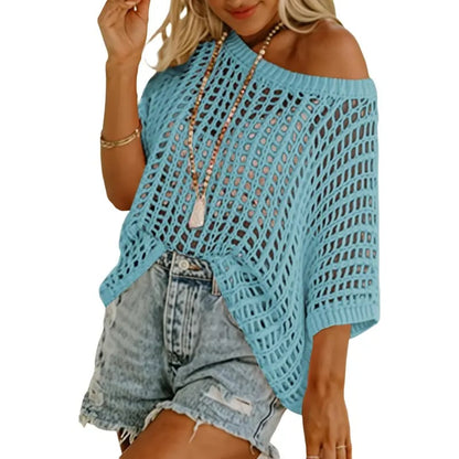 🔥 BIG SALE 🔥Short Sleeve Crochet Sweater Lightweight Summer Tops Loose Hollow Out Crewneck Pullover