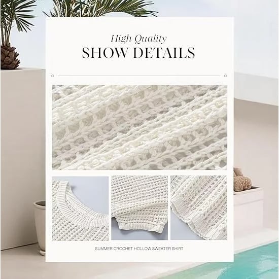 🔥 BIG SALE 🔥Short Sleeve Crochet Sweater Lightweight Summer Tops Loose Hollow Out Crewneck Pullover