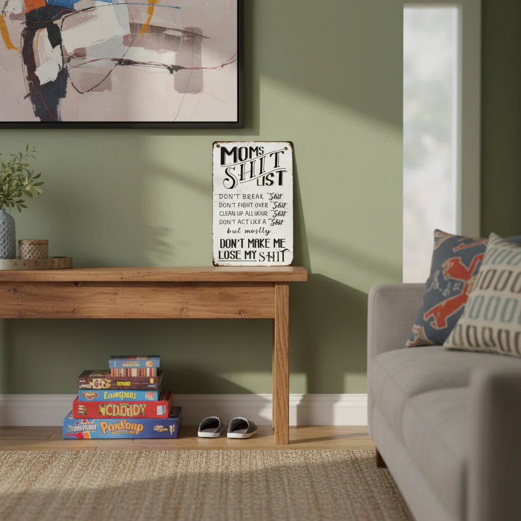❤️"Mom’s Shit List" Funny Metal Sign – Sarcastic Tin Plaque for the Queen of the House