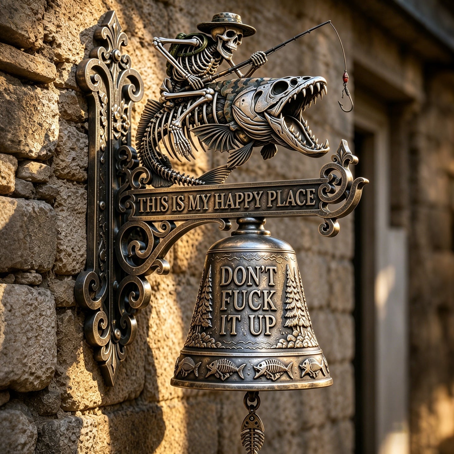 🎣 Metal Skeleton Fisherman Wall Bell – “This Is My Happy Place” Outdoor Décor🔥Buy 2 Get 10% Off