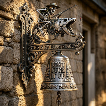 🎣 Metal Skeleton Fisherman Wall Bell – “This Is My Happy Place” Outdoor Décor🔥Buy 2 Get 10% Off
