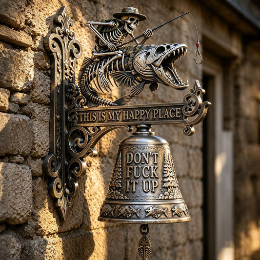 🎣 Metal Skeleton Fisherman Wall Bell – “This Is My Happy Place” Outdoor Décor🔥Buy 2 Get 10% Off