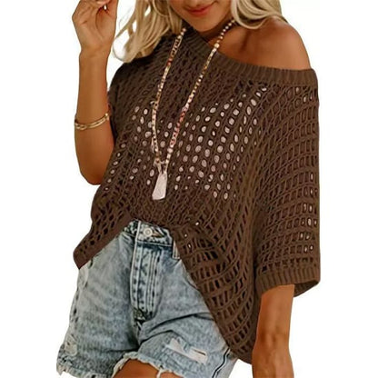 🔥 BIG SALE 🔥Short Sleeve Crochet Sweater Lightweight Summer Tops Loose Hollow Out Crewneck Pullover