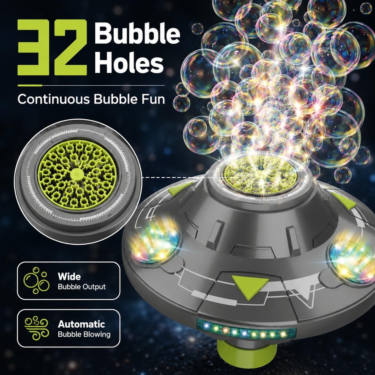 🎉Flying Saucer Bubble Maker for Kids, Automatic Rotating Bubble Blower with Lights, Music