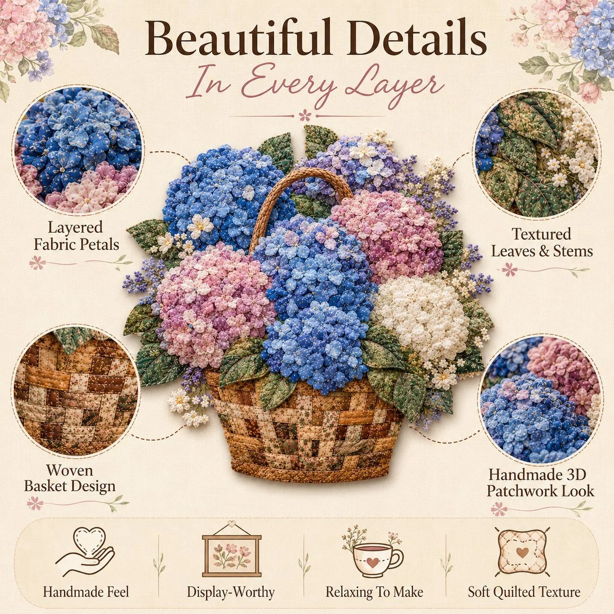 🔥HOT SALE🔥🌸🧵 Premium Floral Basket Patchwork DIY Kit | High-Quality Layered Fabric Bouquet with Raised Petals & Woven Basket Details ✨
