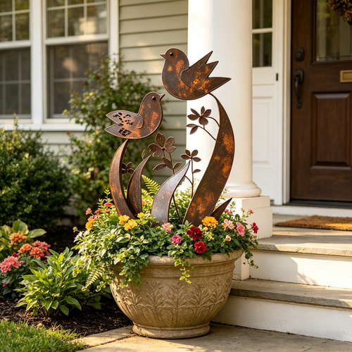 🦋💖🎁Bird & Wildflower Metal Garden Stake
