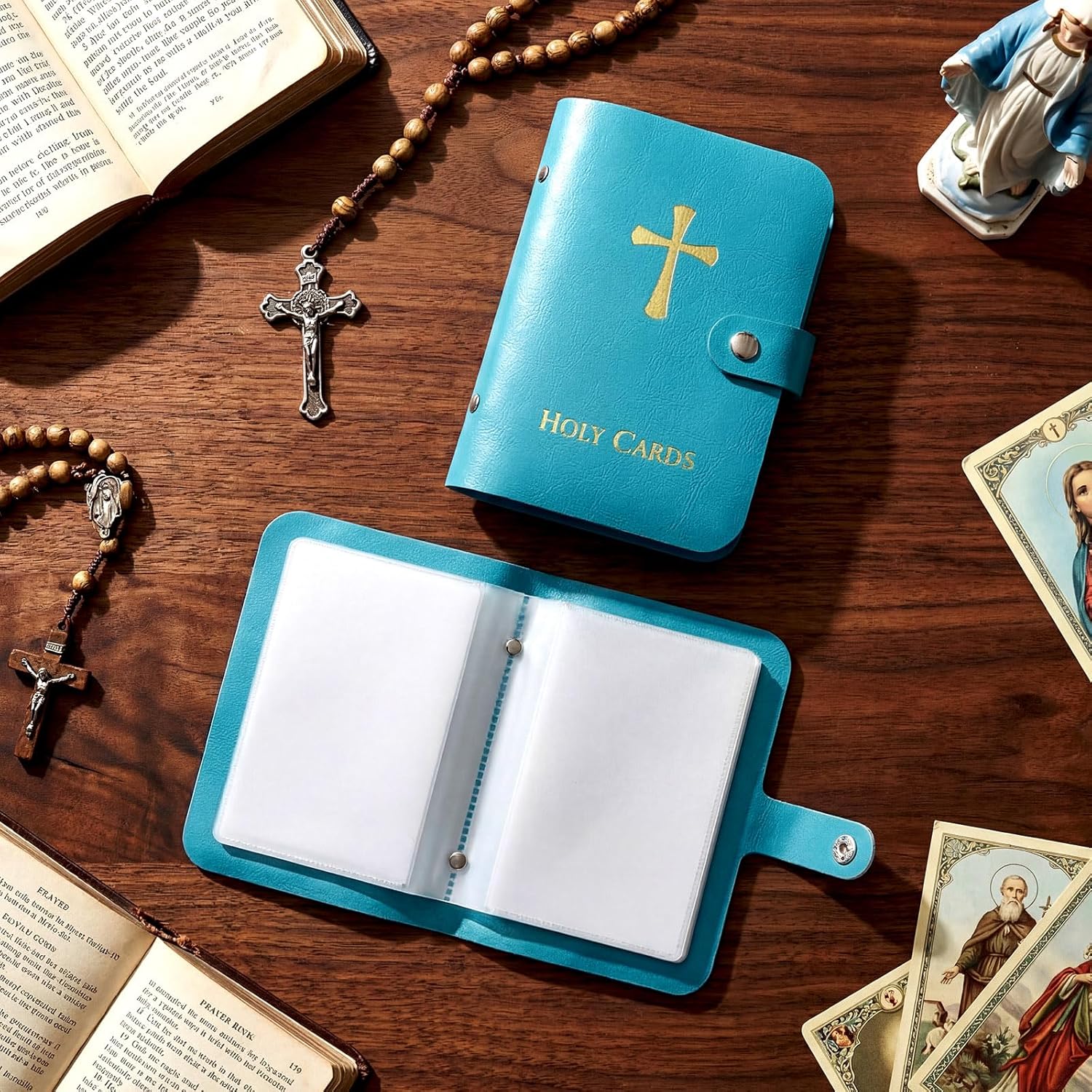 ✝️ Catholic Genuine Leather Holy Card Holder – Pocket Prayer Card Organizer with Snap Closure