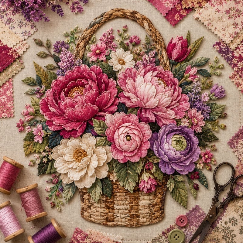 🔥HOT SALE🔥🌸🧵 Premium Floral Basket Patchwork DIY Kit | High-Quality Layered Fabric Bouquet with Raised Petals & Woven Basket Details ✨
