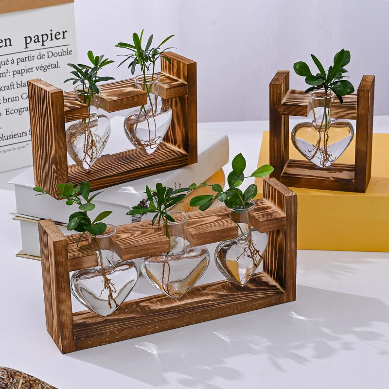 🌿 Rustic Wooden Stand Hydroponic Vases – Soil-Free Plant Growing | Farmhouse Style Décor for Home, Office & Kitchen