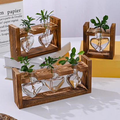 🌿 Rustic Wooden Stand Hydroponic Vases – Soil-Free Plant Growing | Farmhouse Style Décor for Home, Office & Kitchen
