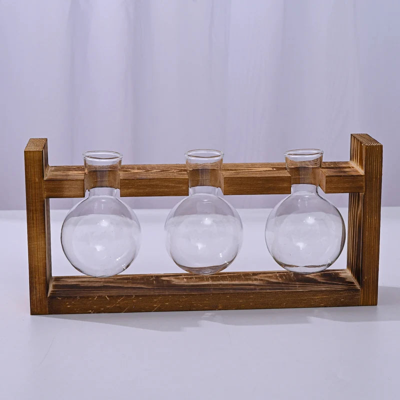 🌿 Rustic Wooden Stand Hydroponic Vases – Soil-Free Plant Growing | Farmhouse Style Décor for Home, Office & Kitchen