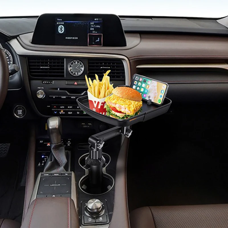 🚗 Car Cup Holder Tray: 360° Swivel, Extendable Surface, Phone Slot, Tool-Free Install
