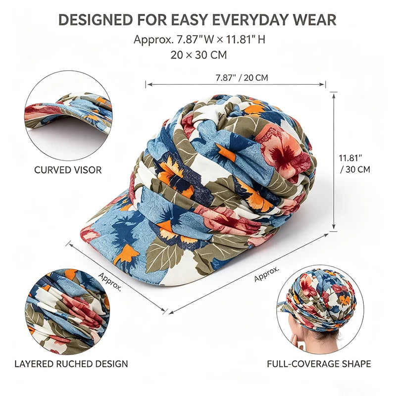 Floral Ruched Turban Cap— Full Coverage, Curved Brim, Multiple Prints