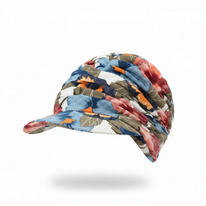 Floral Ruched Turban Cap— Full Coverage, Curved Brim, Multiple Prints