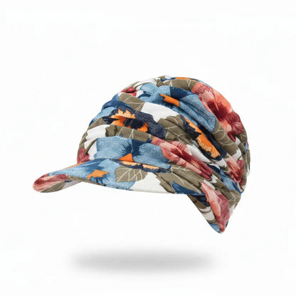 Floral Ruched Turban Cap— Full Coverage, Curved Brim, Multiple Prints