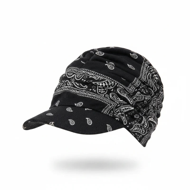 Floral Ruched Turban Cap— Full Coverage, Curved Brim, Multiple Prints