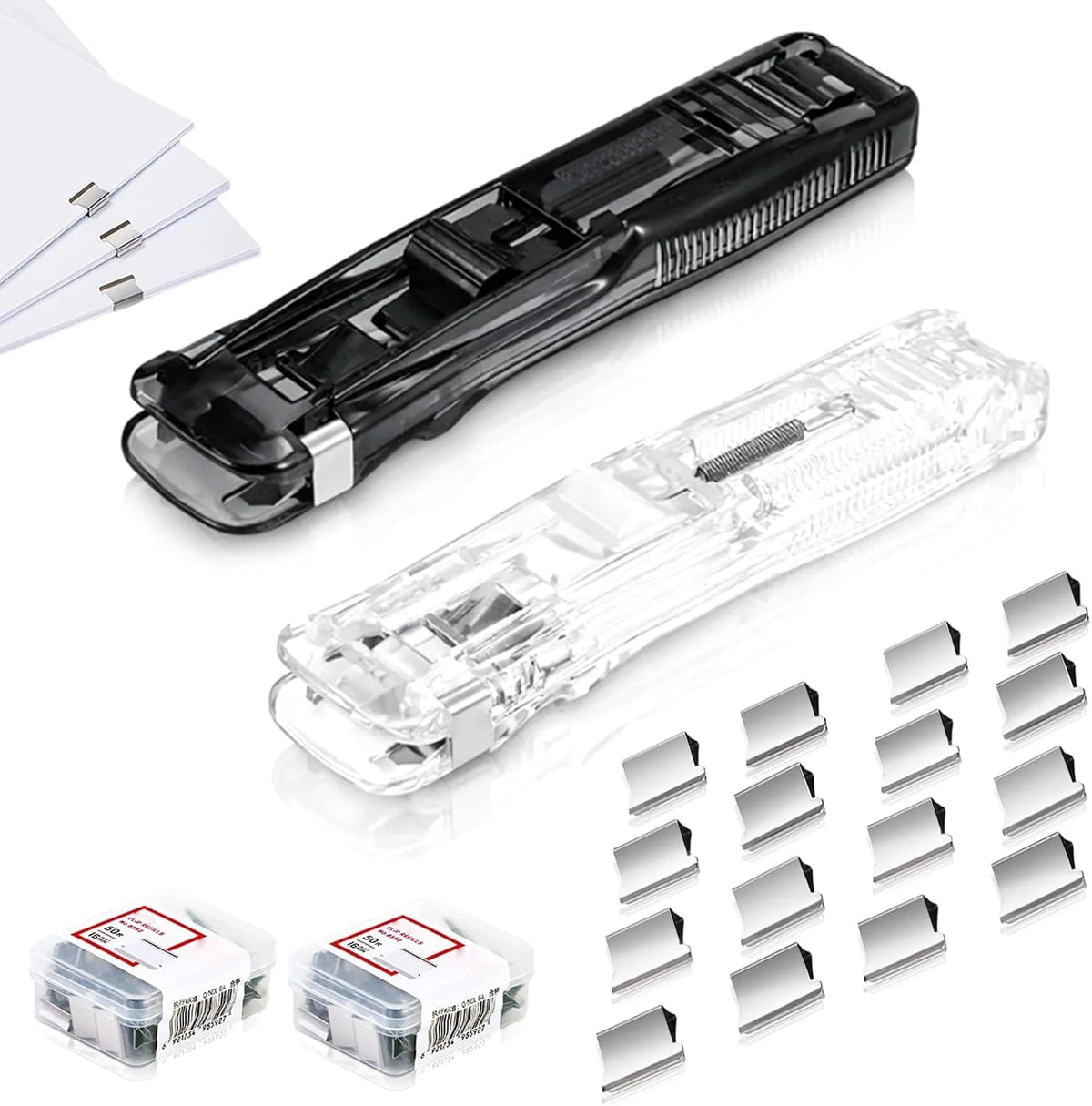 2 Pcs Portable Binder Clip Stapler, with 100 Pcs Small Binder Clips, Non-Destructive Paper Clam Dispenser for Office, Home, School