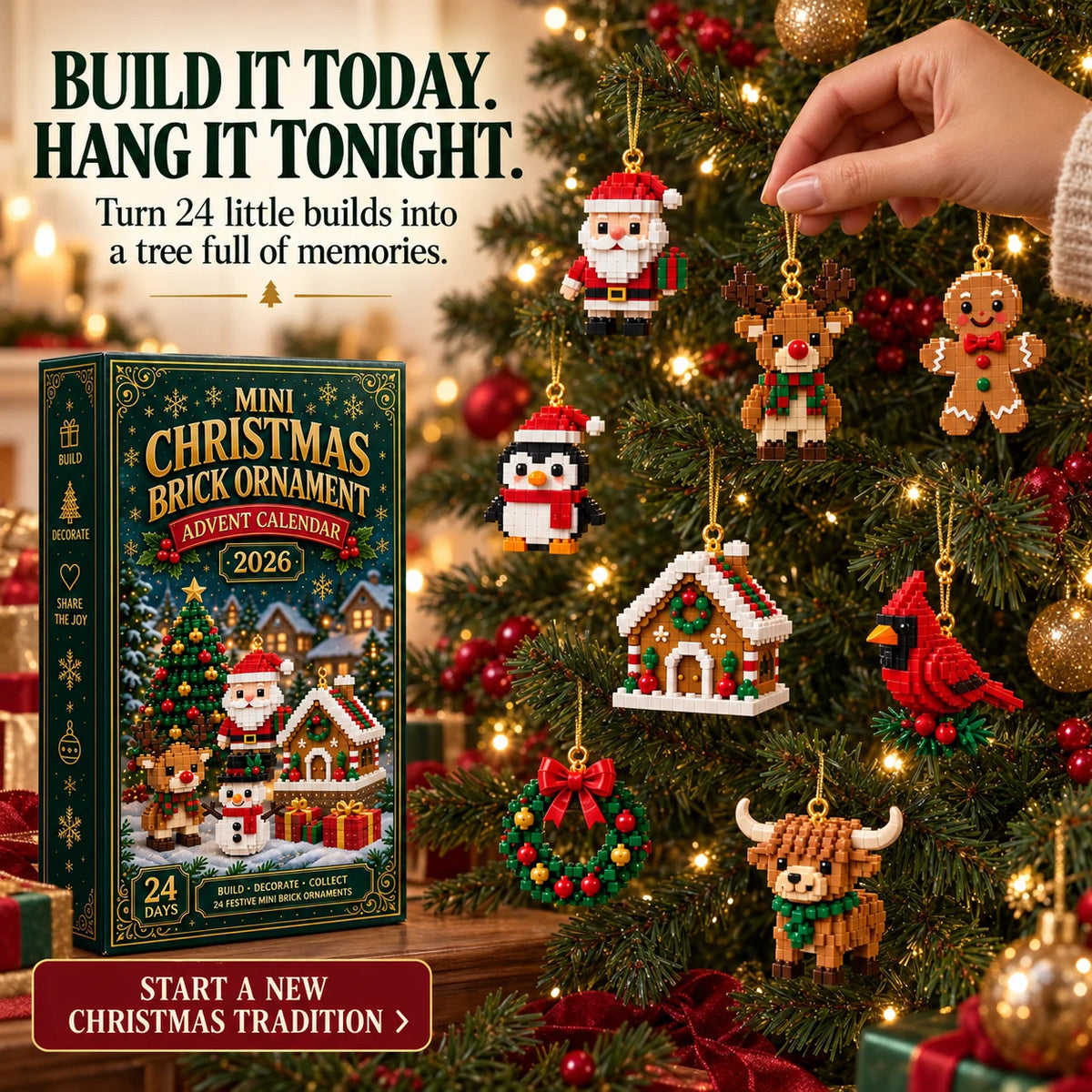 ⏳ Last Day 49% OFF – 🎄24-Day Mini Christmas Brick Ornament Advent Calendar | 24 Unique Buildable Holiday Ornaments to Create, Hang & Keep 🧱