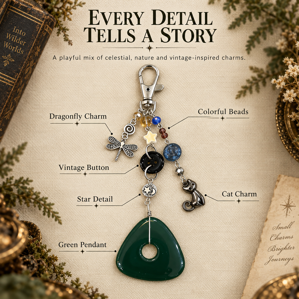 Vintage Mystic Cat & Dragonfly Keychain with Green Pendant Bag Charm