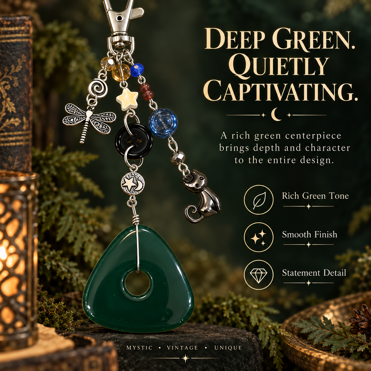 Vintage Mystic Cat & Dragonfly Keychain with Green Pendant Bag Charm