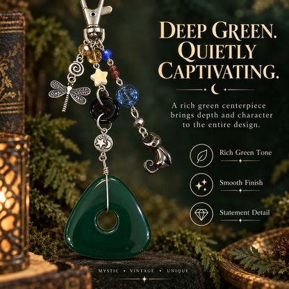 Vintage Mystic Cat & Dragonfly Keychain with Green Pendant Bag Charm