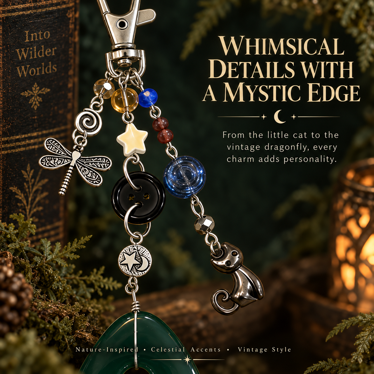 Vintage Mystic Cat & Dragonfly Keychain with Green Pendant Bag Charm