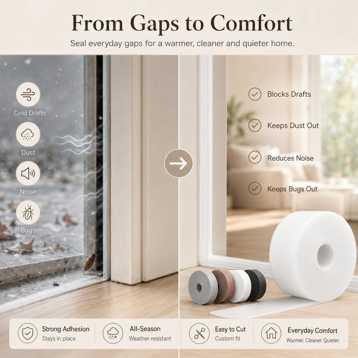 16.4Ft Door Weather Stripping | Adhesive Draft Stopper Seal Strip for Doors, Windows & Shower Doors