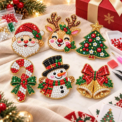🎄Beginner-Friendly Christmas Diamond Painting Brooch DIY Kit | 6 Festive Designs with Sparkling Gems & Pin Backs 💎