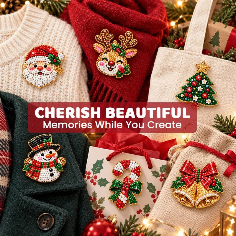 🎄Beginner-Friendly Christmas Diamond Painting Brooch DIY Kit | 6 Festive Designs with Sparkling Gems & Pin Backs 💎