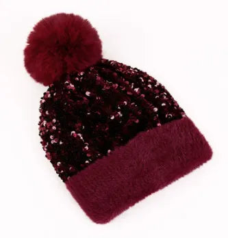 Sequin Fur Pom Beanie