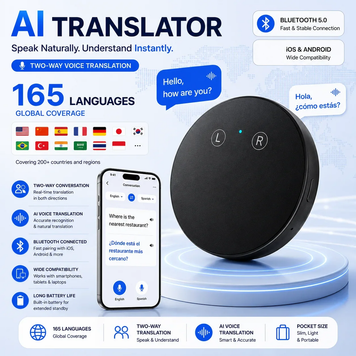🔥LAST DAY 49% OFF🔥AI Language Translator Device – Real-Time Two-Way Voice Translator with Multi-Language Support