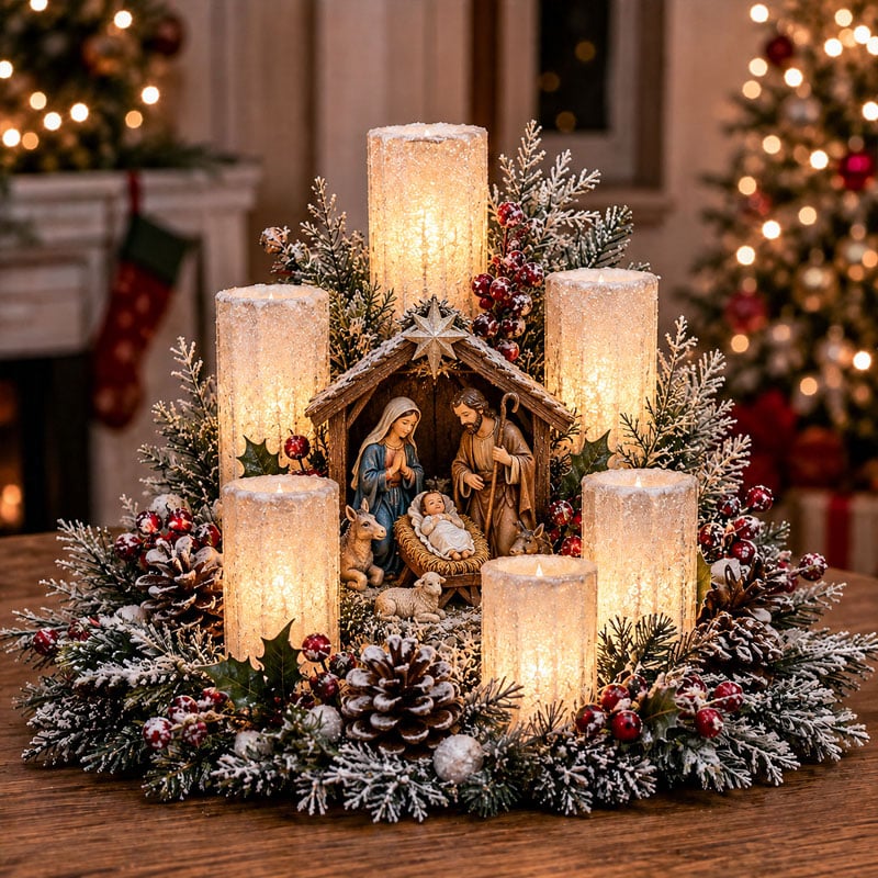Christmas Lighted Centerpiece With Flameless Candle Glow