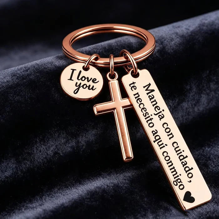 Keychain with Cross and "I Love You" Charm