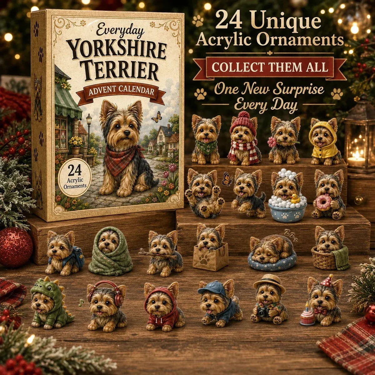 💥✨Yorkshire Terrier 2D Advent Calendar – 24 Unique Yorkie Acrylic Ornaments & Daily Christmas Surprises