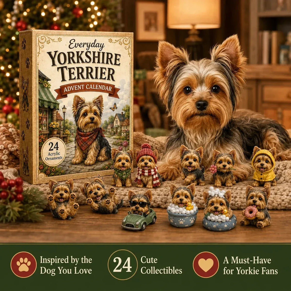 💥✨Yorkshire Terrier 2D Advent Calendar – 24 Unique Yorkie Acrylic Ornaments & Daily Christmas Surprises