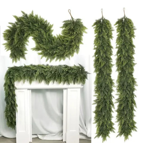 6 FT 2 Pcs Artificial Cedar Garlands, Real Touch Winter Cedar Garland, Green Artificial Greenery Pine Garland for Table, Mantle, Wall, Indoor, Outdoor Christmas Decorations (2, 6 FT)