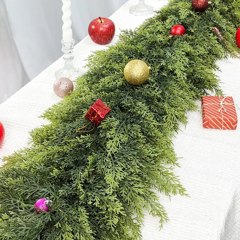 6 FT 2 Pcs Artificial Cedar Garlands, Real Touch Winter Cedar Garland, Green Artificial Greenery Pine Garland for Table, Mantle, Wall, Indoor, Outdoor Christmas Decorations (2, 6 FT)