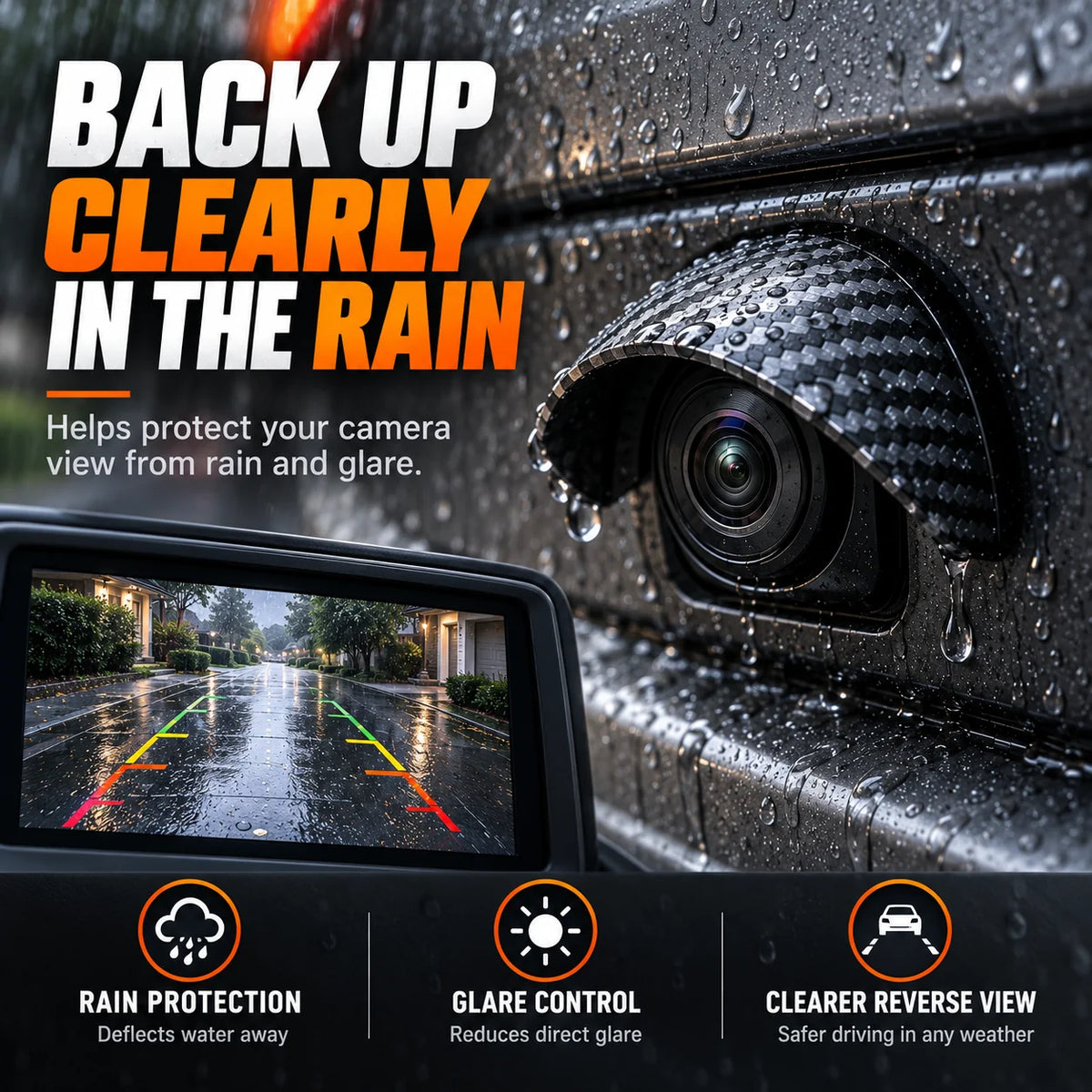 Carbon Fiber Car Backup Camera Rain & Glare Shield – Universal Protective Sun Visor