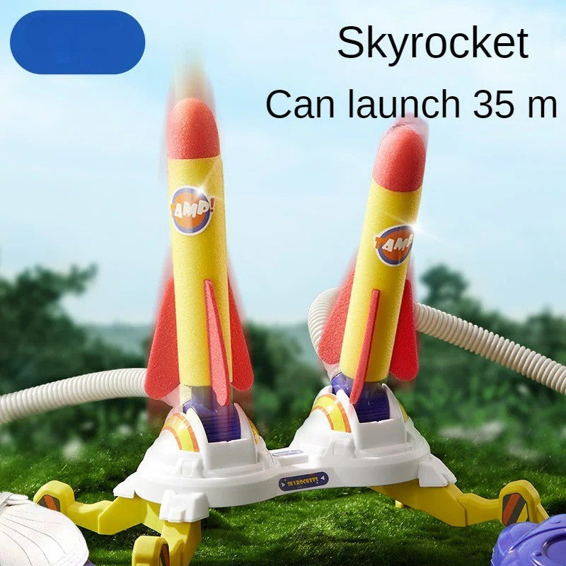 A kid stepping on a soaring little rocket🥳