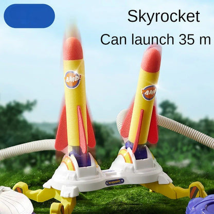 A kid stepping on a soaring little rocket🥳