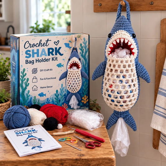 🐾 Crochet Animal Bag Holder DIY Kit – Shark, Dachshund, Tabby Cat & Axolotl | Cute & Functional Kitchen Storage