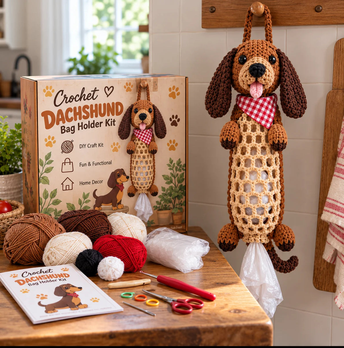 🐾 Crochet Animal Bag Holder DIY Kit – Shark, Dachshund, Tabby Cat & Axolotl | Cute & Functional Kitchen Storage