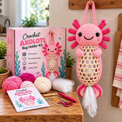 🐾 Crochet Animal Bag Holder DIY Kit – Shark, Dachshund, Tabby Cat & Axolotl | Cute & Functional Kitchen Storage