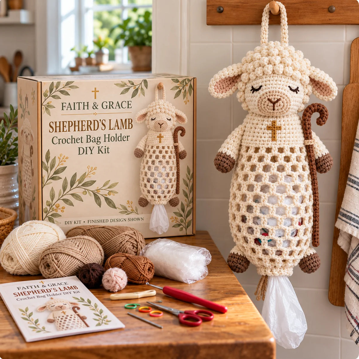 ✝️ Faith & Grace™ Christian Crochet Bag Holder Diy Kit – Hanging Grocery Bag Organizer & Meaningful Craft Gift
