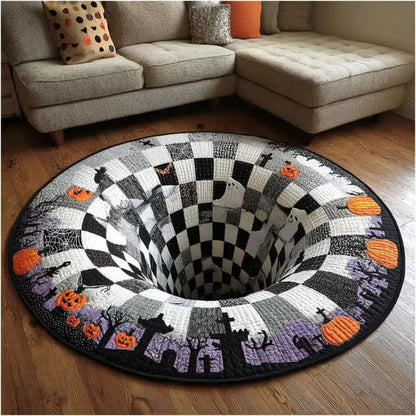 🎃3D visual Skeleton Vortex Quilted Round Halloween Rug