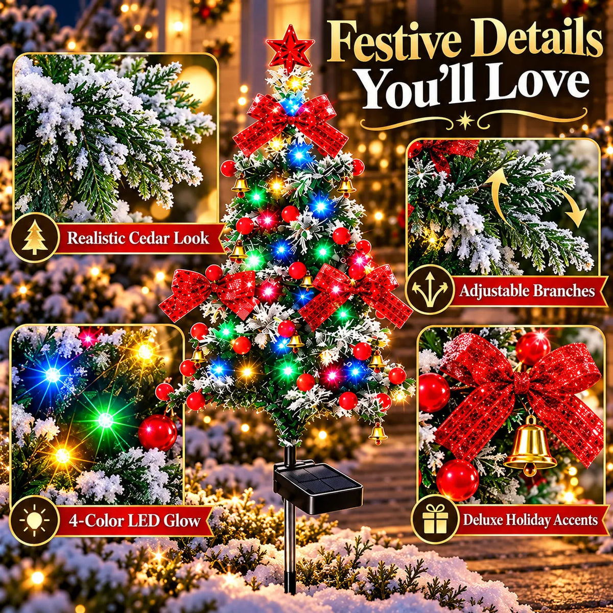 Solar cedar Christmas trees used in courtyards, patios and garden paths